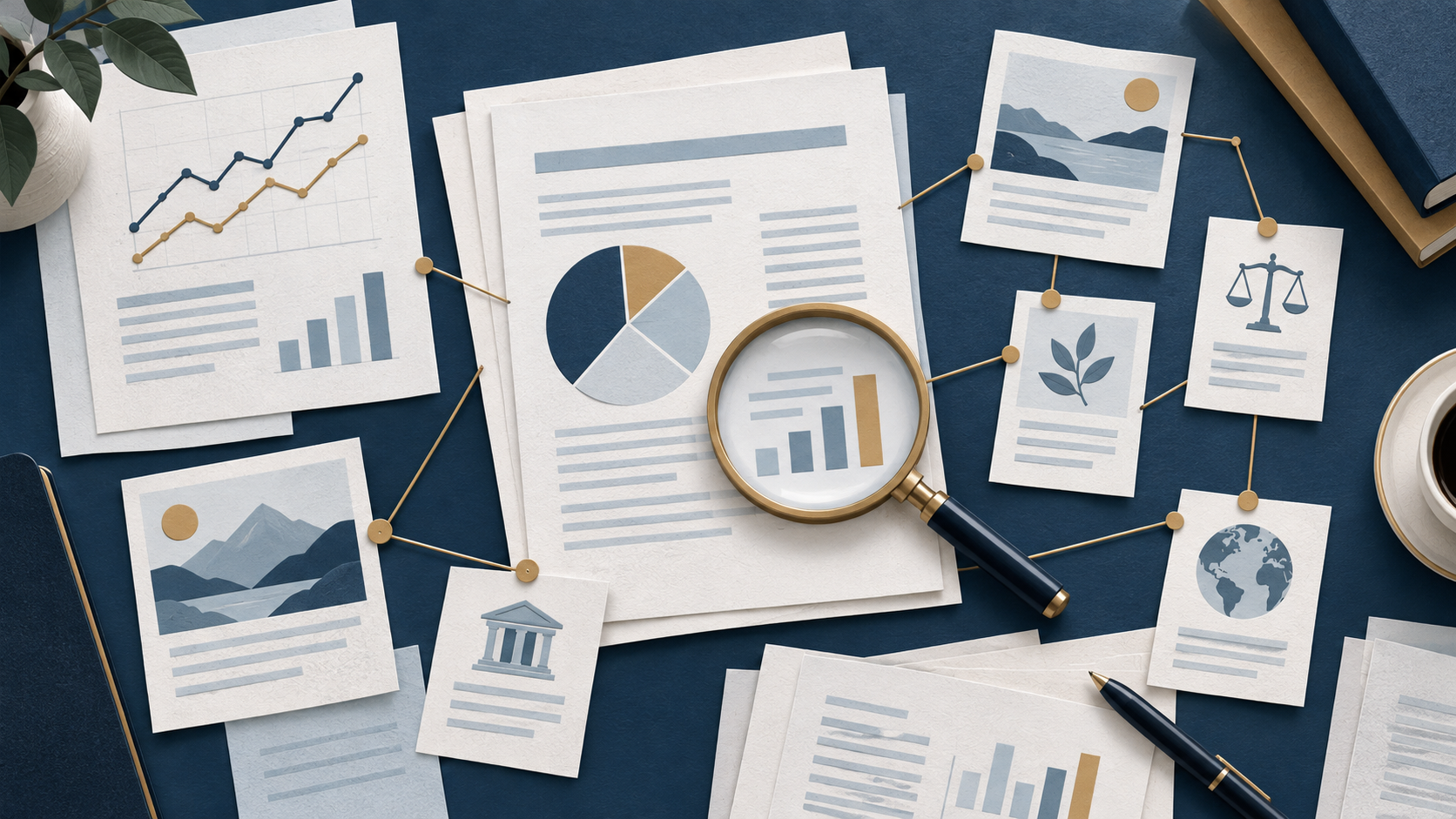Illustration of research reports, charts and connected sources examined with a magnifying glass.