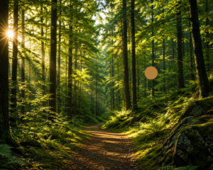 Sunlight filtering through a green forest.